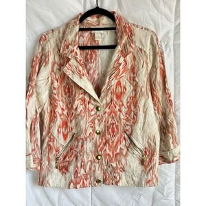 Chicos Linen Blend Ikat Print Blazer Jacket Gold‎ Zip Pockets Size 1
